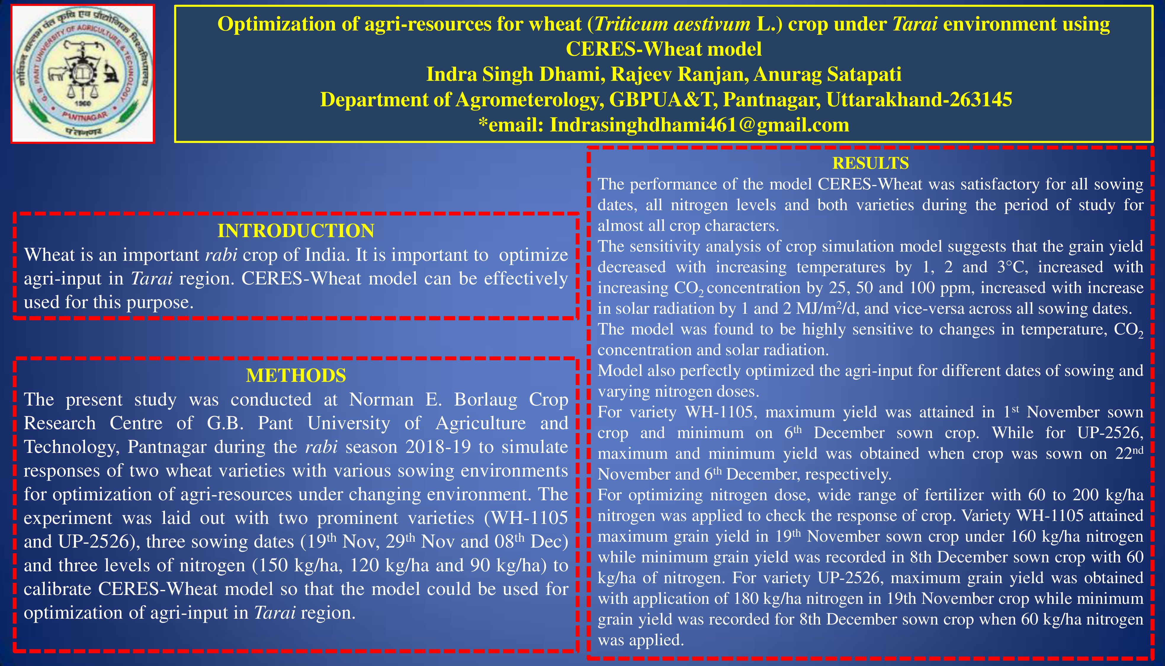 Optimization if agri-resource for wheat  under Tarai Environment using CERES- Wheat model